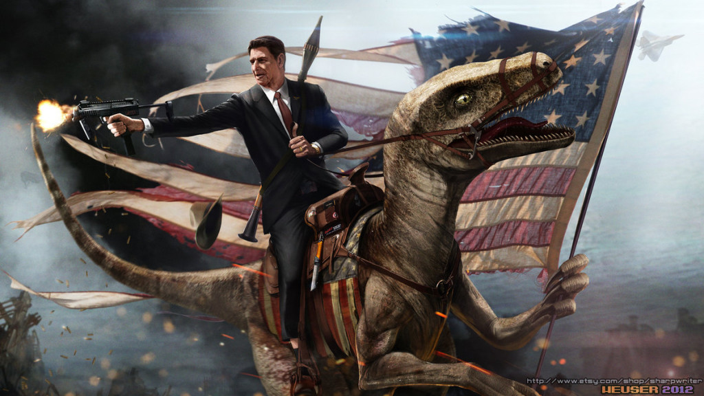 Here's Ronald Reagan riding a velociraptor into battle for America. You're welcome.